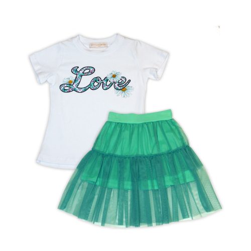 Blumenmuster Baumwoll-T-Shirt - Minzgrüner Tüllrock-Set für Mädchen - 110
