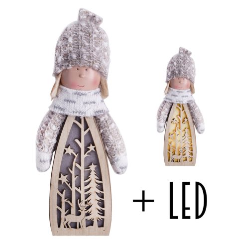 HOLZFIGUR+LED MÄDCHEN DUNKELROT 28*11
