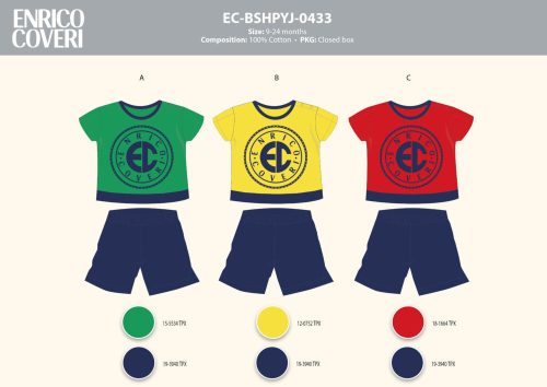 Enrico Coveri Kurzarm-Sommer-Baby-Pyjama - 100% Baumwollpyjama - gelb-dunkelblau - 74