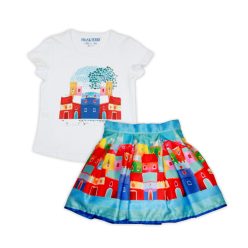   Häuschenmuster Baumwoll-T-Shirt-Rock-Set für Mädchen - Weiß gemustert - 110