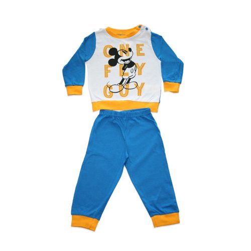 Langer dünner Baumwollbaby-Strampler - Mickey Mouse - One fly guy Aufdruck - Jersey - mittelblau - 80