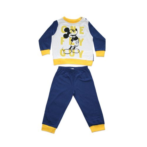 Langer dünner Baumwollbaby-Strampler - Mickey Mouse - One fly guy Aufdruck - Jersey - dunkelblau-gelb - 92