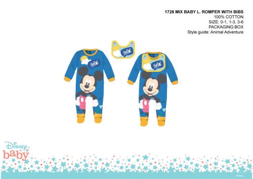 Disney Mickey Mouse Baby-Strampler mit Vorderteil - Mittelblau - Für Babys von 1-3 Monaten