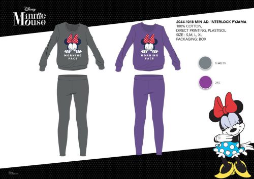 Winterlicher Baumwollinterlock-Damenpyjama - Disney Minnie Maus - Morning Face Aufdruck - Lila - M