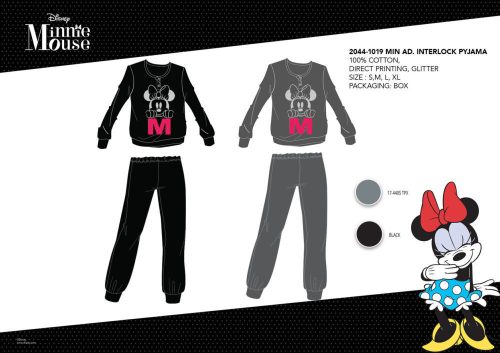 Winterlicher Baumwollinterlock-Damenpyjama - Disney Minnie Maus - Grau - S