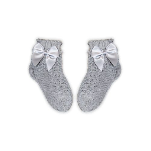 100% Baumwollmädchenpuppensocken mit gehäkeltem Oberteil - mit Schleifenverzierung - grau - 20-21